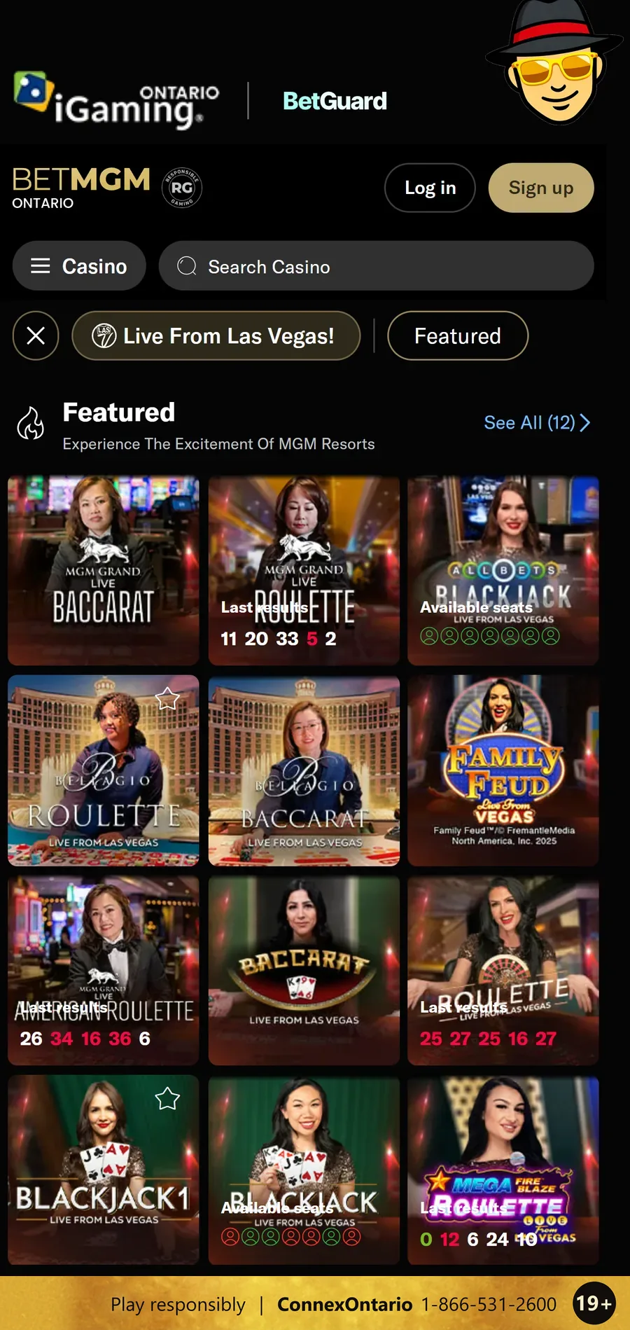 BetMGM Ontario's Live From Las Vegas section on a phone, with baccarat, roulette and blackjack tables streamed from the Bellagio and MGM Grand, and a responsible gambling strip at the bottom: 19+, Play responsibly, ConnexOntario 1-866-531-2600