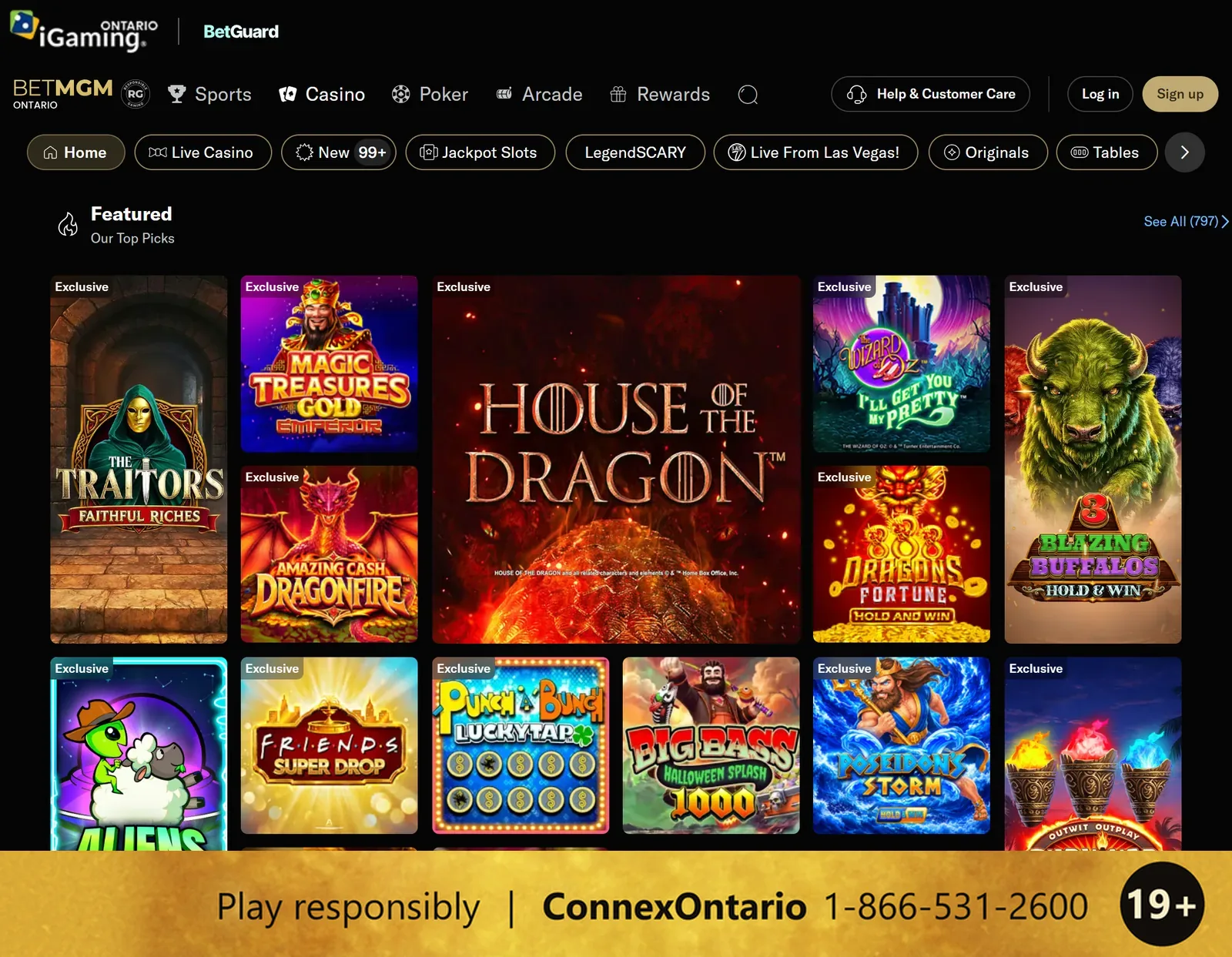 BetMGM Ontario's casino lobby with the iGaming Ontario and BetGuard bar, game categories and featured exclusives such as The Traitors, House of the Dragon and 3 Blazing Buffalos, and a responsible gambling strip at the bottom: 19+, Play responsibly, ConnexOntario 1-866-531-2600