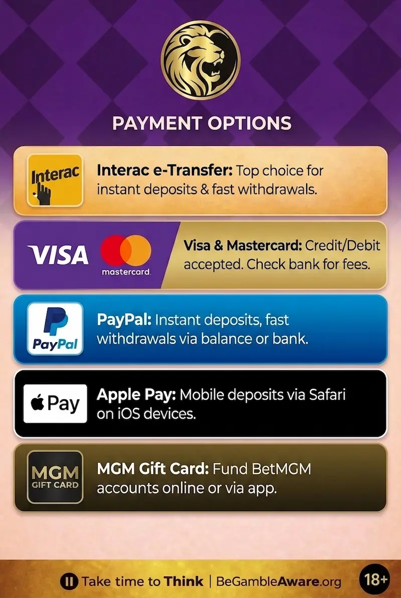 BetMGM Casino Ontario payment methods interface with responsible gaming message
