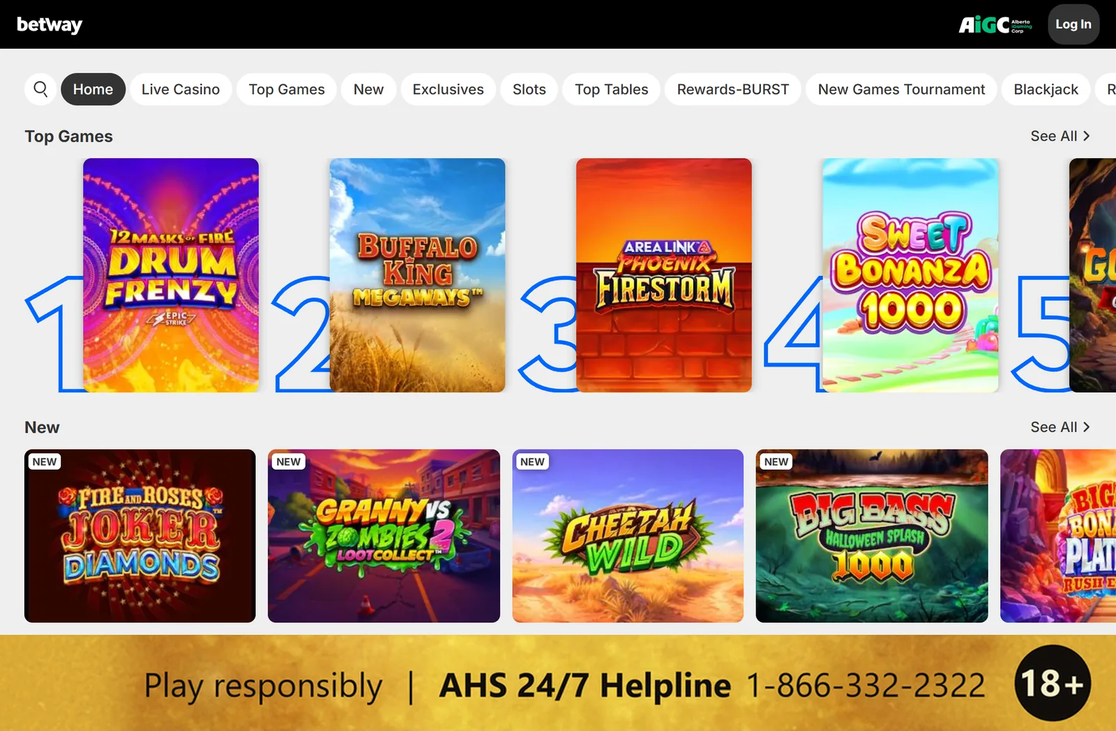 Betway Alberta casino lobby on desktop with the Alberta iGaming Corporation logo, game categories, top games and new games, and a responsible gambling strip at the bottom: 18+, Play responsibly, AHS 24/7 Helpline 1-866-332-2322