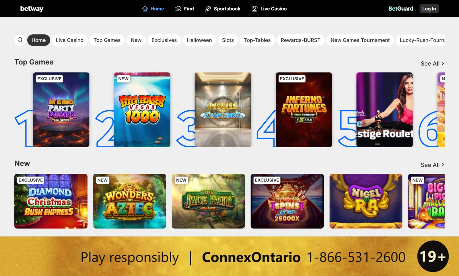 Betway Ontario casino lobby on desktop with its menu, game categories and the Top Games and New rows, and a responsible gambling strip at the bottom: 19+, Play responsibly, ConnexOntario 1-866-531-2600