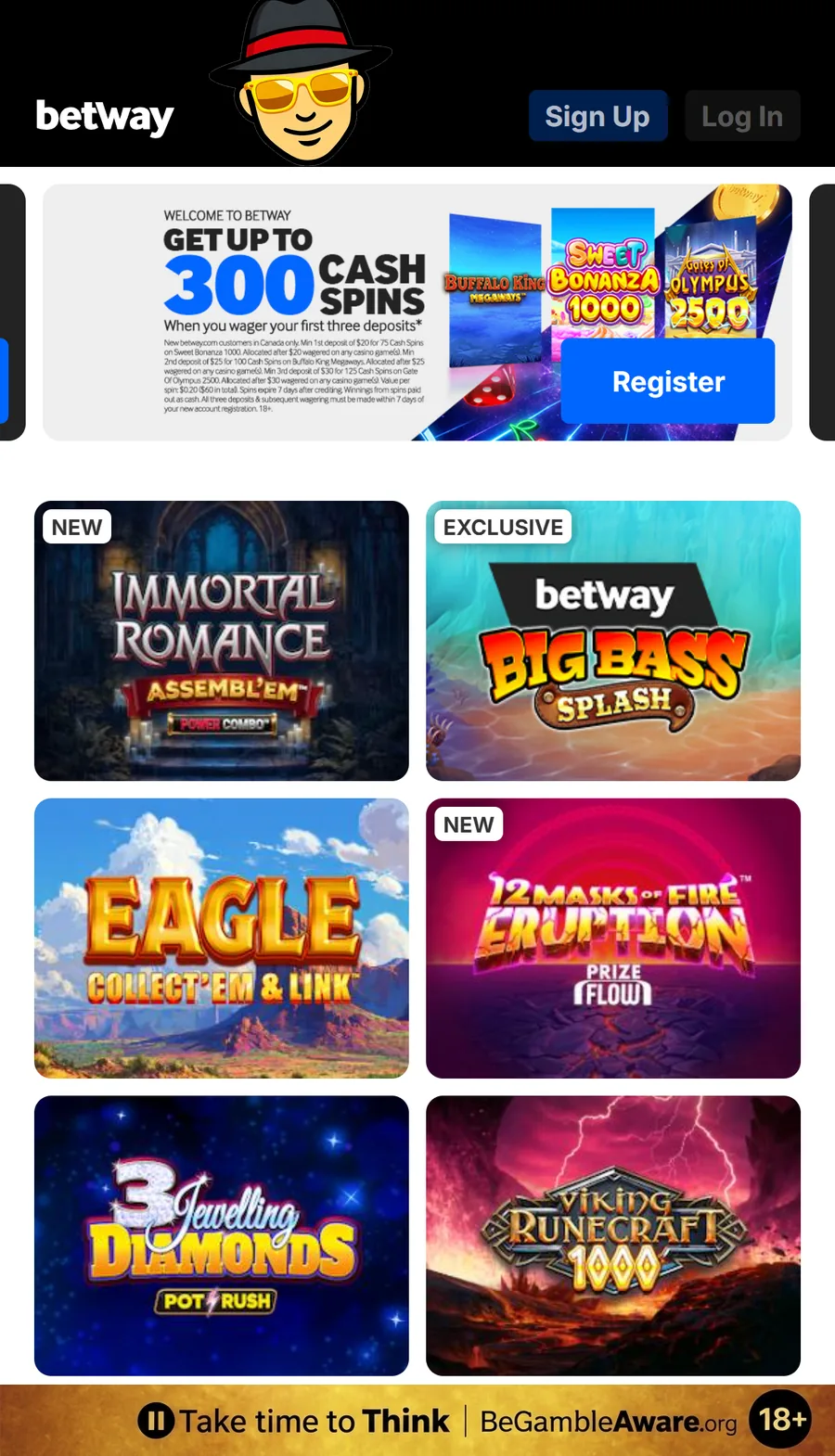 Betway Canada slots lobby on a phone, archived October 10, 2026: a Get up to 300 Cash Spins banner above game tiles for Immortal Romance Assembl'em, Betway Big Bass Splash, Eagle Collect'em & Link, 12 Masks of Fire Eruption, 3 Jewelling Diamonds and Viking Runecraft 1000, and a responsible gambling strip at the bottom: Take time to Think, BeGambleAware.org