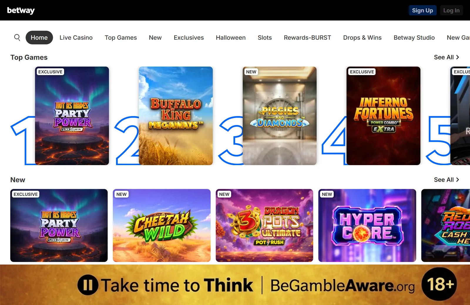 Betway Canada casino lobby on desktop, archived October 10, 2026: the menu (Home, Live Casino, Top Games, New, Exclusives, Slots, Drops & Wins, Betway Studio) above the Top Games row with Hot as Hades Party Power, Buffalo King Megaways, Piggies and Diamonds and Inferno Fortunes, and the New row, and a responsible gambling strip at the bottom: Take time to Think, BeGambleAware.org