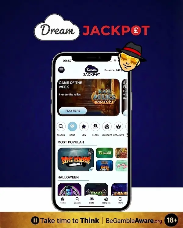 DreamJackpot casino interface showing Big Bass Bonanza game