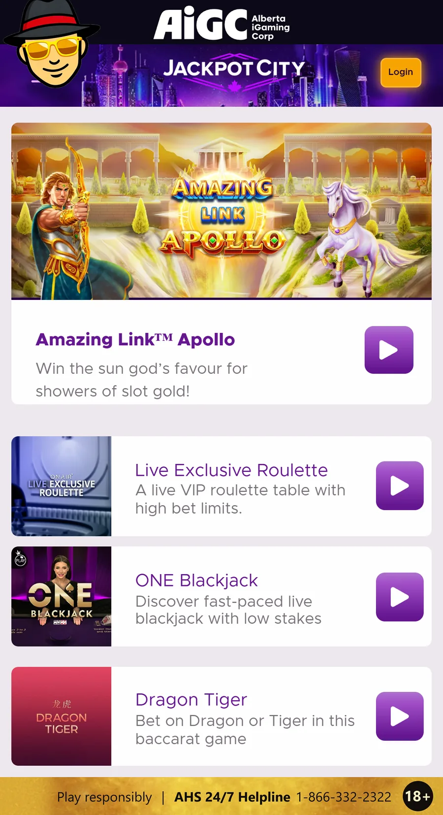 JackpotCity Alberta homepage on a phone with the Alberta iGaming Corporation logo, the Amazing Link Apollo slot and three live dealer tables, and a responsible gambling strip at the bottom: 18+, Play responsibly, AHS 24/7 Helpline 1-866-332-2322