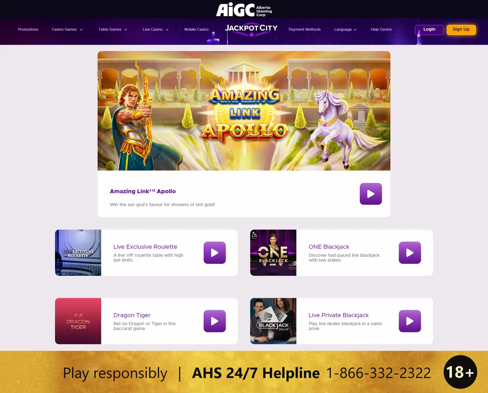 JackpotCity Alberta homepage on desktop with the Alberta iGaming Corporation logo, the Amazing Link Apollo slot and four live dealer tables, and a responsible gambling strip at the bottom: 18+, Play responsibly, AHS 24/7 Helpline 1-866-332-2322