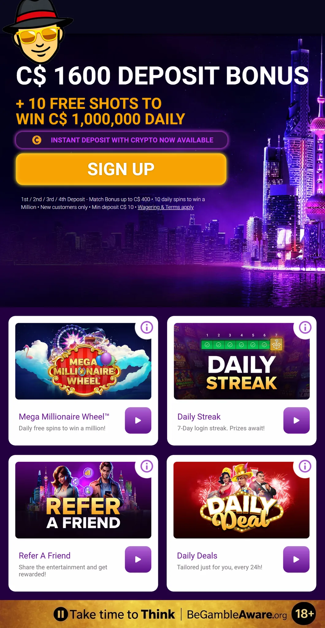 JackpotCity Canada homepage offer (C$1,600 deposit bonus over four deposits and 10 daily spins to win C$1,000,000) above its Mega Millionaire Wheel, Daily Streak, Refer a Friend and Daily Deals promotions, and a responsible gambling strip at the bottom: Take time to Think, BeGambleAware.org