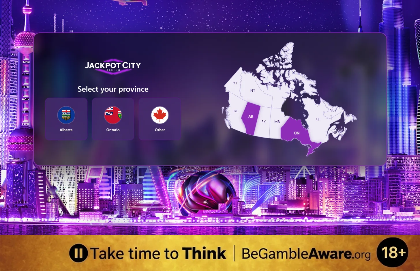 JackpotCity's Canadian homepage asks you to choose Alberta, Ontario or Other, with Alberta and Ontario highlighted on a map of Canada, and a responsible gambling strip at the bottom: Take time to Think, BeGambleAware.org