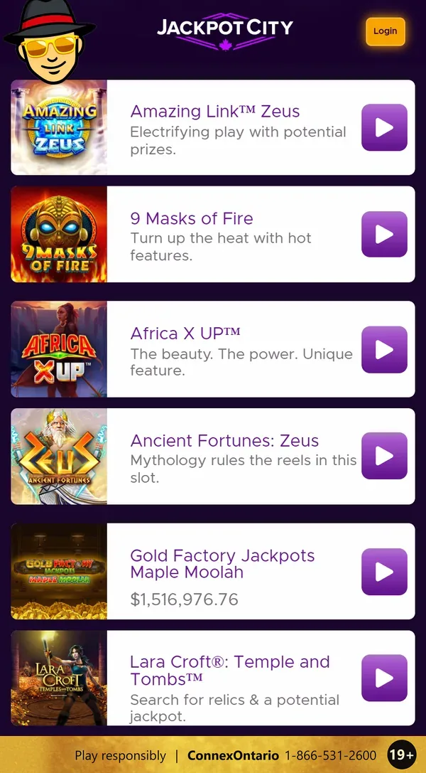 JackpotCity Ontario mobile site listing featured slots: Amazing Link Zeus, 9 Masks of Fire, Africa X UP, Ancient Fortunes: Zeus, Gold Factory Jackpots Maple Moolah and Lara Croft: Temple and Tombs, and a responsible gambling strip at the bottom: 19+, Play responsibly, ConnexOntario 1-866-531-2600
