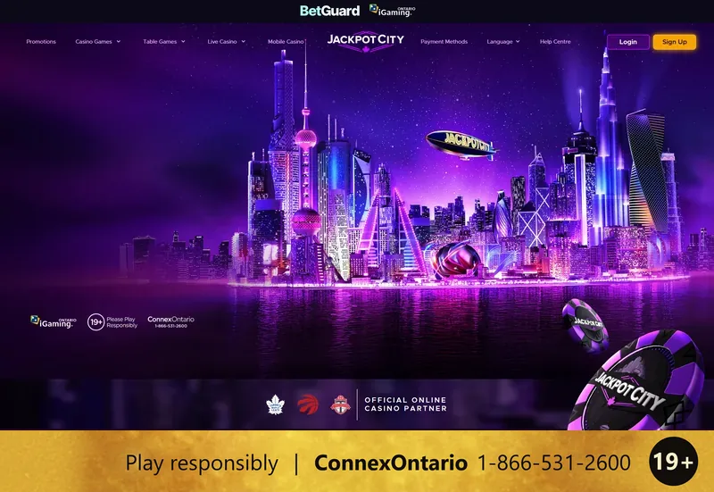 JackpotCity Ontario homepage with iGaming Ontario, 19+ and ConnexOntario badges and the Toronto Maple Leafs, Raptors and Toronto FC partner logos, and a responsible gambling strip at the bottom: 19+, Play responsibly, ConnexOntario 1-866-531-2600