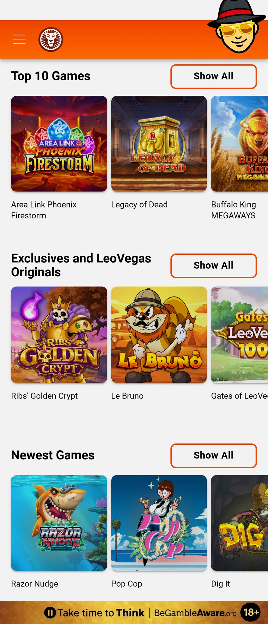 LeoVegas's casino lobby on a phone, with the Top 10 Games, Exclusives and LeoVegas Originals and Newest Games rows, including Legacy of Dead, Le Bruno and Gates of LeoVegas 1000, and a responsible gambling strip at the bottom: Take time to Think, BeGambleAware.org