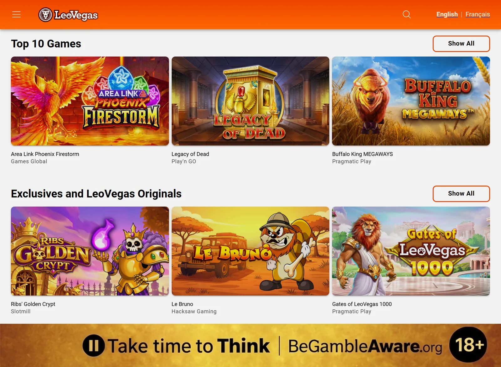 LeoVegas's desktop casino lobby with Top 10 Games such as Area Link Phoenix Firestorm, Legacy of Dead and Buffalo King MEGAWAYS, and LeoVegas Originals such as Le Bruno and Gates of LeoVegas 1000, and a responsible gambling strip at the bottom: Take time to Think, BeGambleAware.org