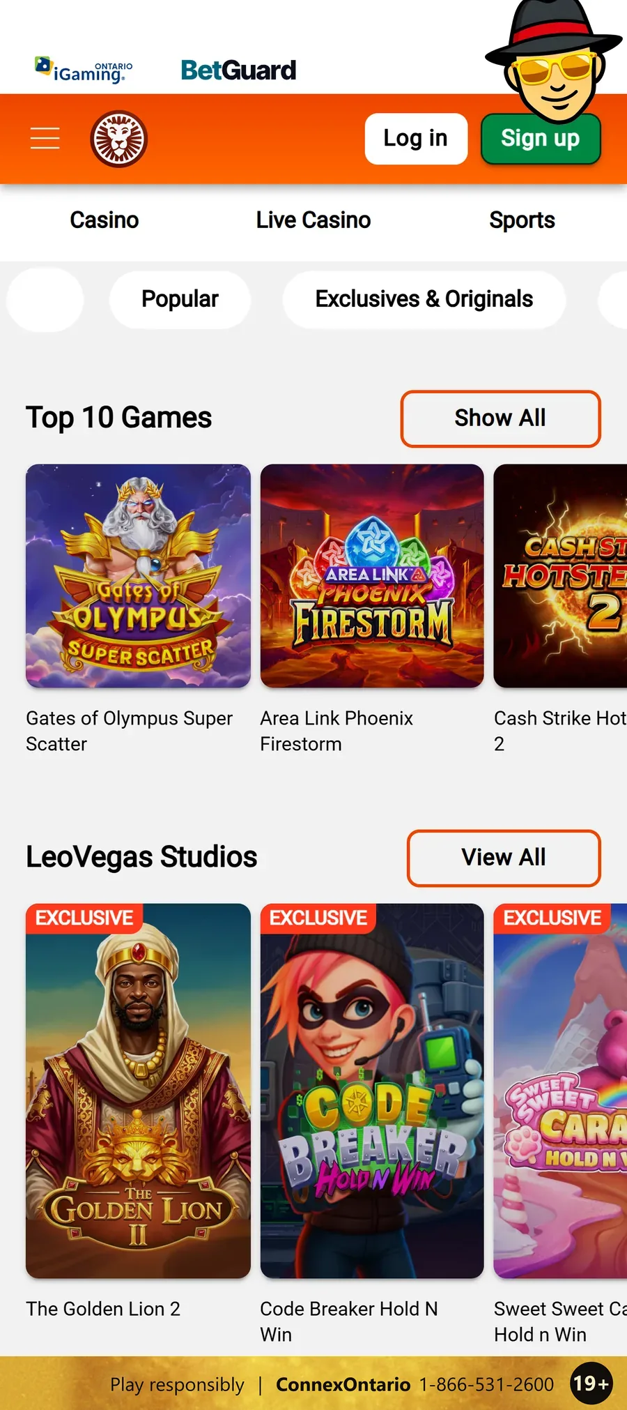 LeoVegas Ontario's lobby on a phone, below the iGaming Ontario and BetGuard bar: the Top 10 Games row with Gates of Olympus Super Scatter and Area Link Phoenix Firestorm, and the LeoVegas Studios row of exclusive games such as The Golden Lion 2, and a responsible gambling strip at the bottom: 19+, Play responsibly, ConnexOntario 1-866-531-2600