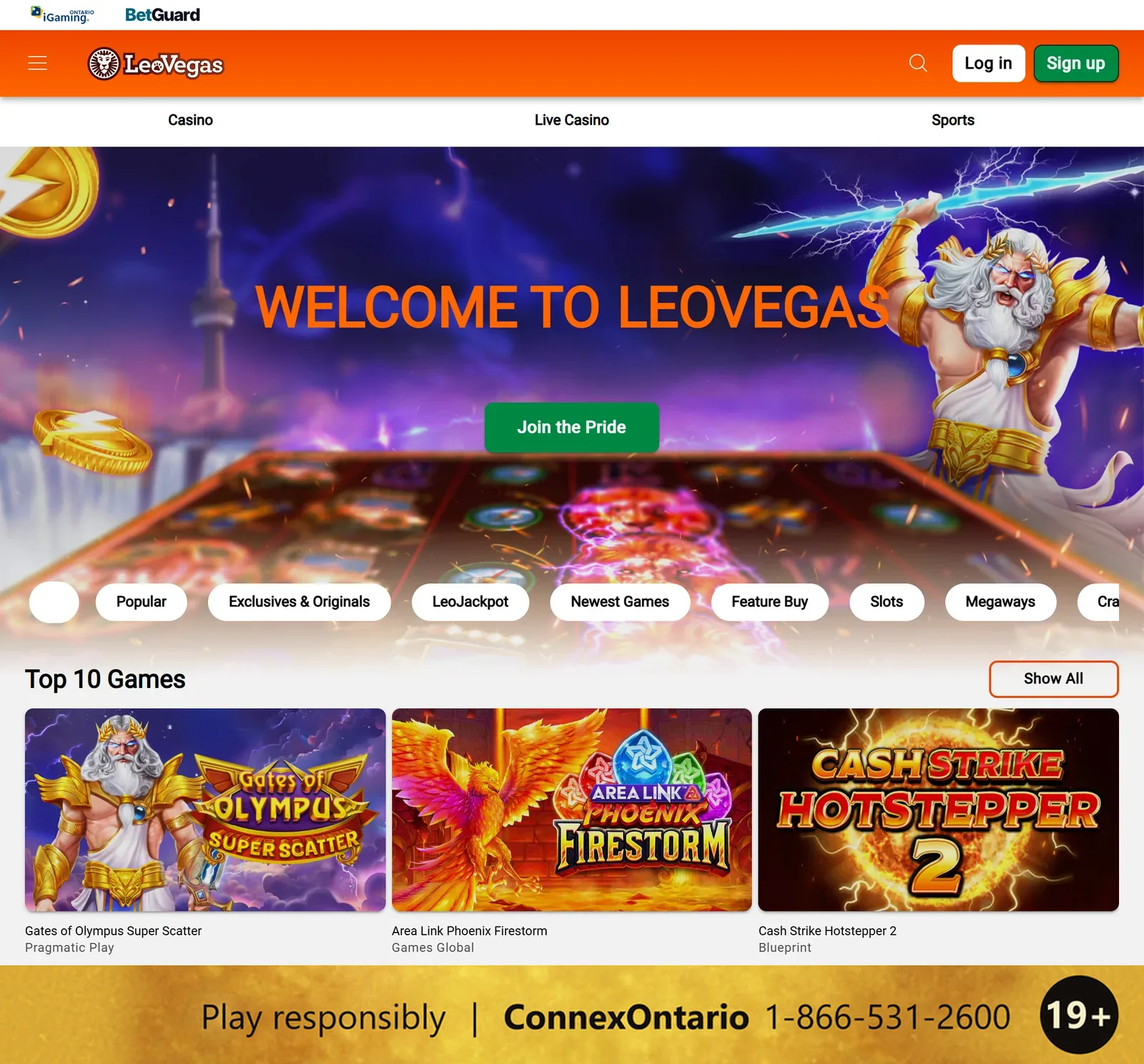 LeoVegas Ontario's homepage on a desktop with the iGaming Ontario and BetGuard bar, the Welcome to LeoVegas banner, game categories such as Exclusives & Originals and LeoJackpot, and the Top 10 Games row, and a responsible gambling strip at the bottom: 19+, Play responsibly, ConnexOntario 1-866-531-2600