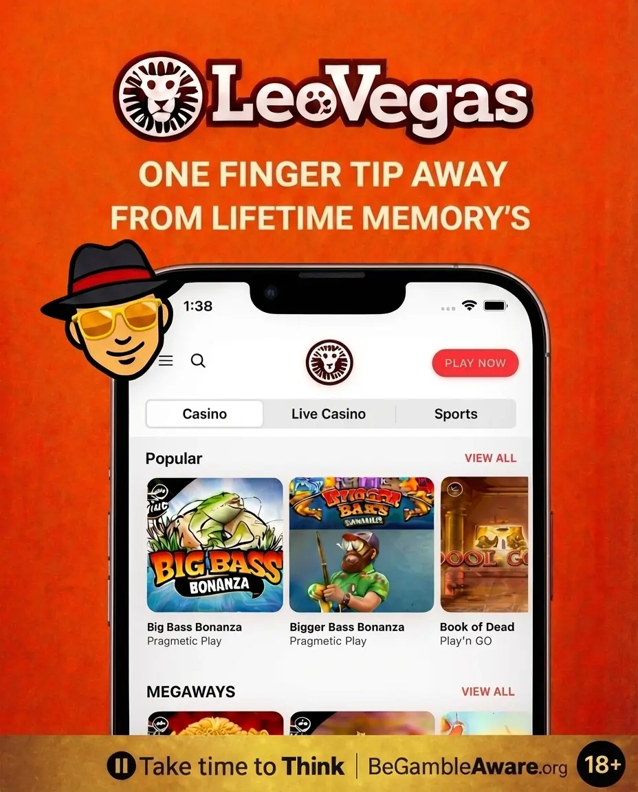 LeoVegas mobile casino interface on phone with BeGambleAware