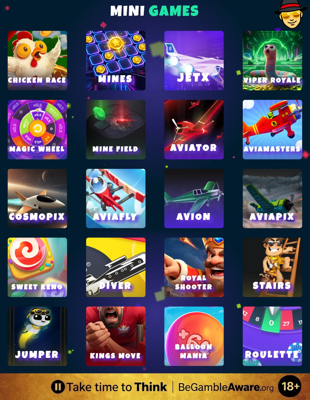 Rolletto's Mini Games lobby with crash and instant games such as Chicken Race, Mines, JetX, Aviator, Aviamasters, Magic Wheel and Roulette, and a responsible gambling strip at the bottom: Take time to Think, BeGambleAware.org