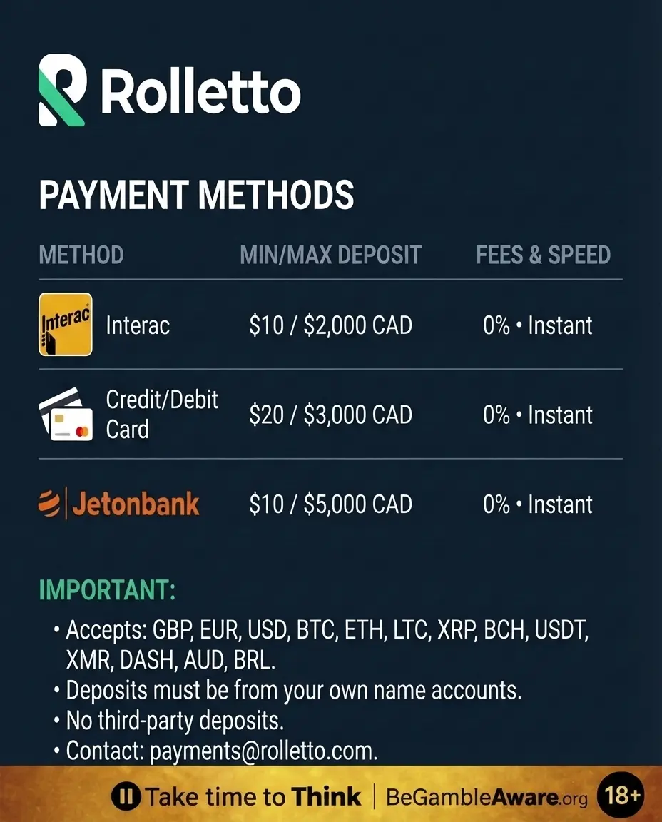 Rolletto payment methods interface with BeGambleAware.org responsible gaming message