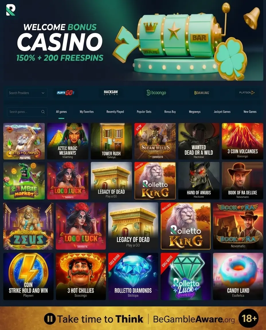 Rolletto casino interface with BeGambleAware responsible gaming