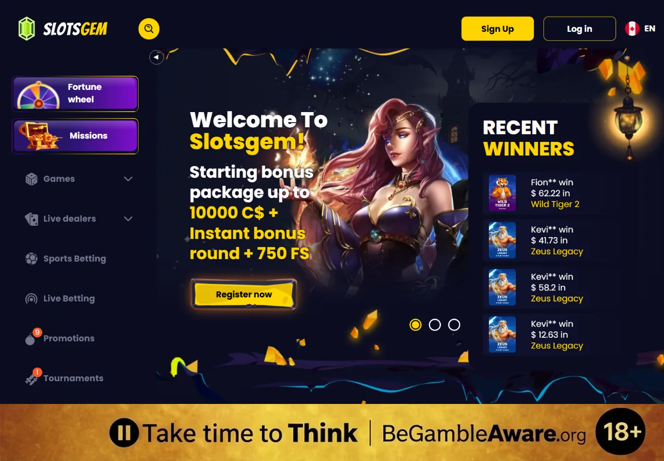 SlotsGem Canada lobby with its welcome banner, a starting bonus package up to 10000 C$ + Instant bonus round + 750 free spins, next to the recent winners list, and a responsible gambling strip at the bottom: Take time to Think, BeGambleAware.org