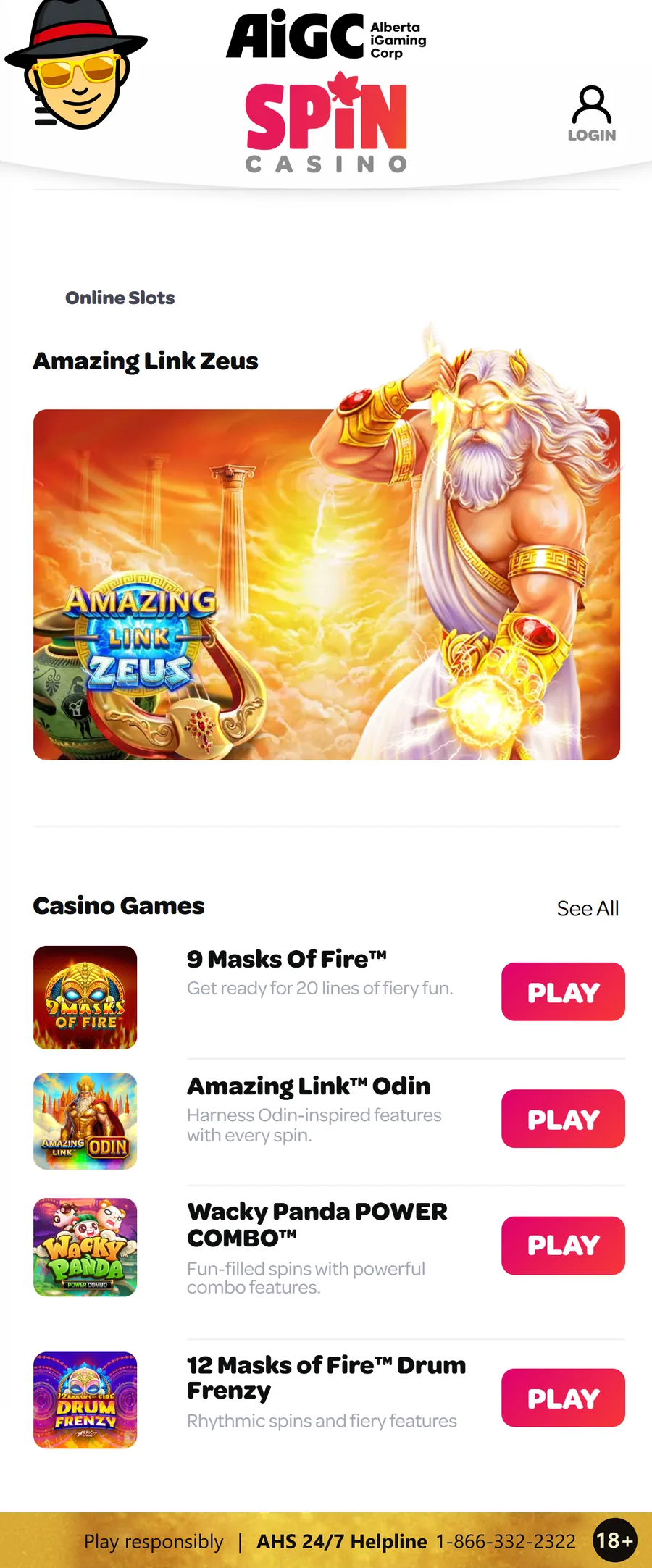 Spin Casino Alberta homepage on a phone with the Alberta iGaming Corporation logo, the Amazing Link Zeus slot and its casino games list, and a responsible gambling strip at the bottom: 18+, Play responsibly, AHS 24/7 Helpline 1-866-332-2322
