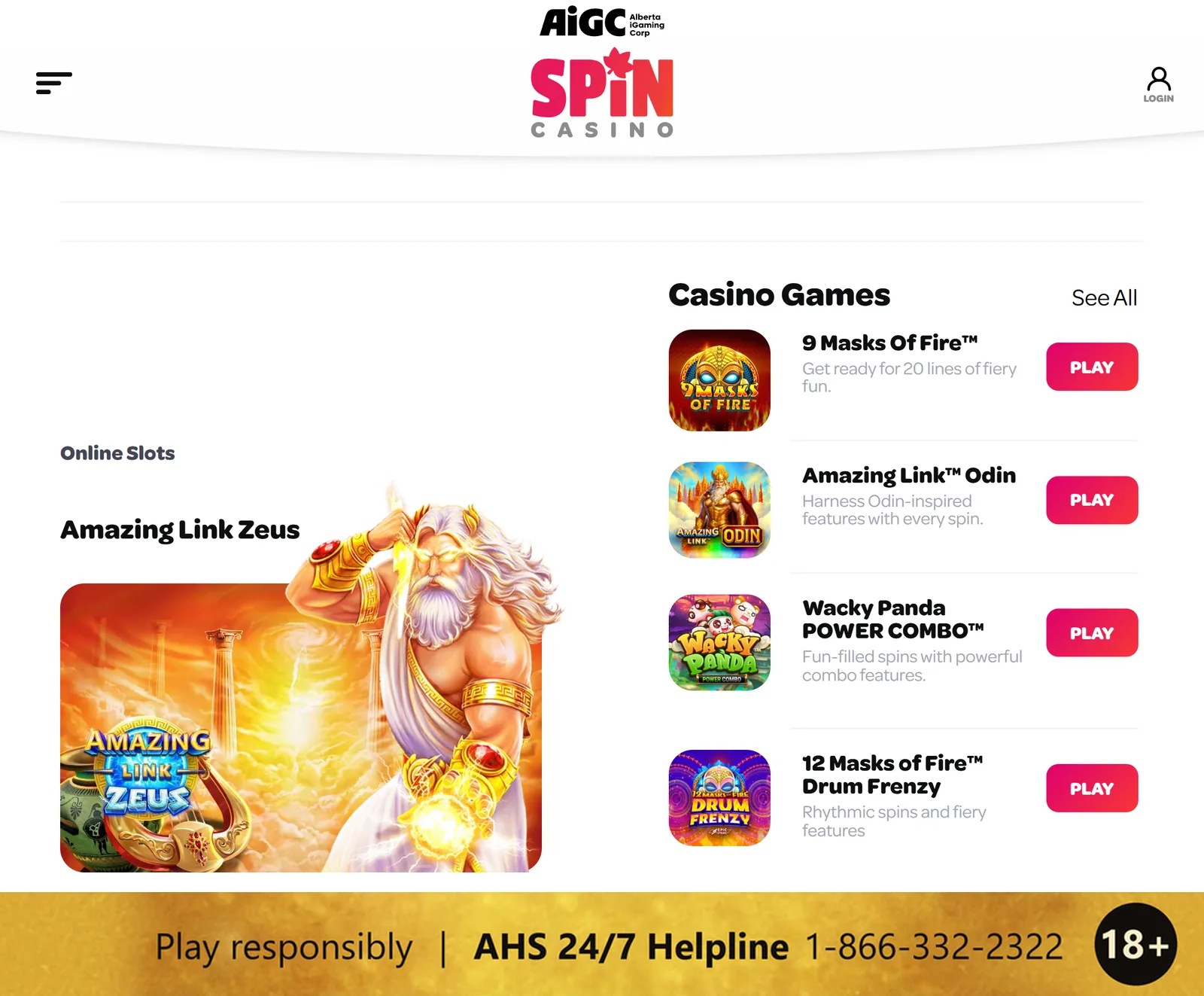 Spin Casino Alberta homepage on desktop with the Alberta iGaming Corporation logo, the Amazing Link Zeus slot and four casino games, and a responsible gambling strip at the bottom: 18+, Play responsibly, AHS 24/7 Helpline 1-866-332-2322