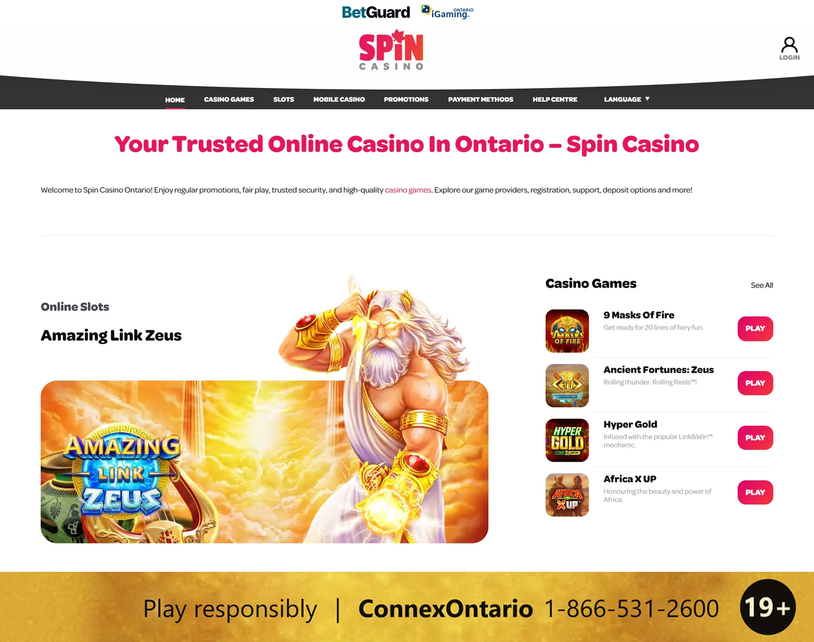 Spin Casino Ontario homepage on desktop with its menu, the Amazing Link Zeus slot and four casino games, and a responsible gambling strip at the bottom: 19+, Play responsibly, ConnexOntario 1-866-531-2600