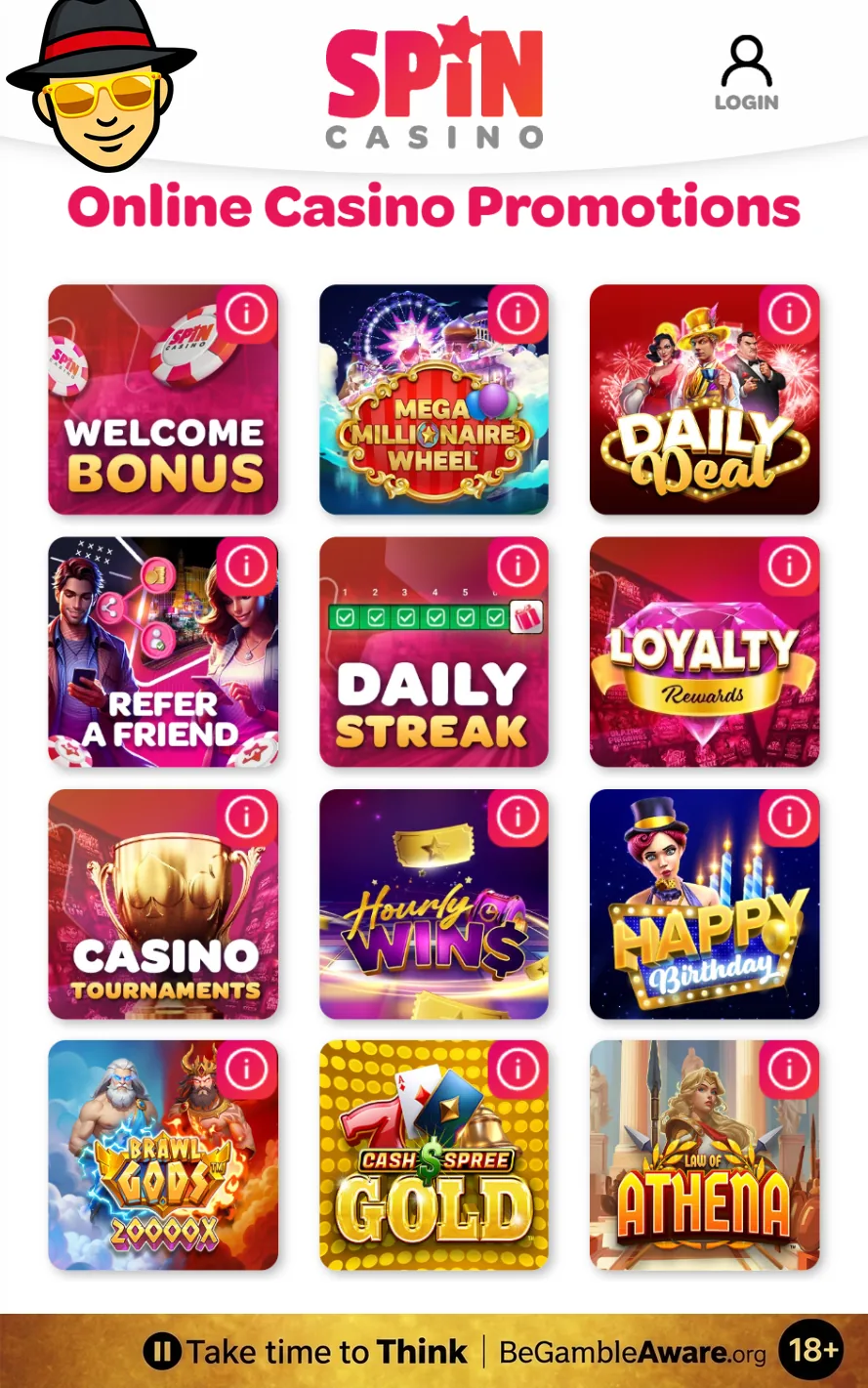 Spin Casino Canada promotions page on a phone, with tiles for the Welcome Bonus, Mega Millionaire Wheel, Daily Deal, Refer a Friend, Daily Streak, Loyalty Rewards, Casino Tournaments, Hourly Wins, Happy Birthday and three new slots, and a responsible gambling strip at the bottom: Take time to Think, BeGambleAware.org