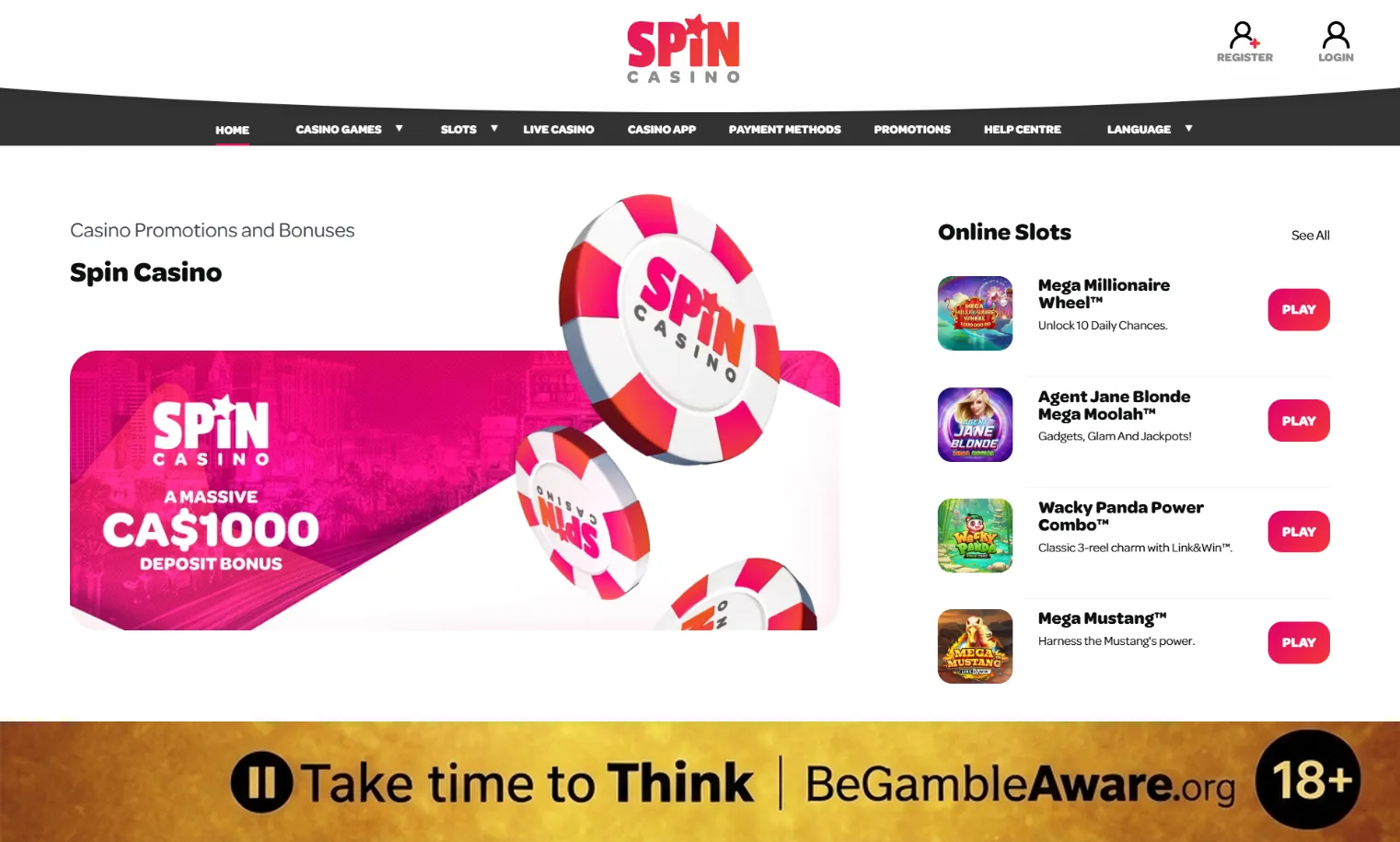 Spin Casino Canada homepage with a CA$1000 deposit bonus banner next to its Online Slots list: Mega Millionaire Wheel, Agent Jane Blonde Mega Moolah, Wacky Panda Power Combo and Mega Mustang, and a responsible gambling strip at the bottom: Take time to Think, BeGambleAware.org