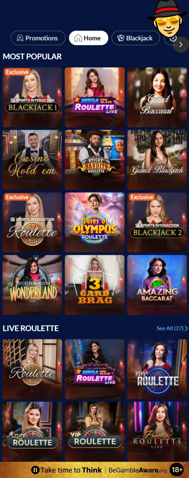Sports Interaction's live casino lobby on a phone, with tables such as Sports Interaction Blackjack 1, Mega Roulette Live, Grand Baccarat, Casino Hold'em and Gates of Olympus Roulette, and a responsible gambling strip at the bottom: Take time to Think, BeGambleAware.org