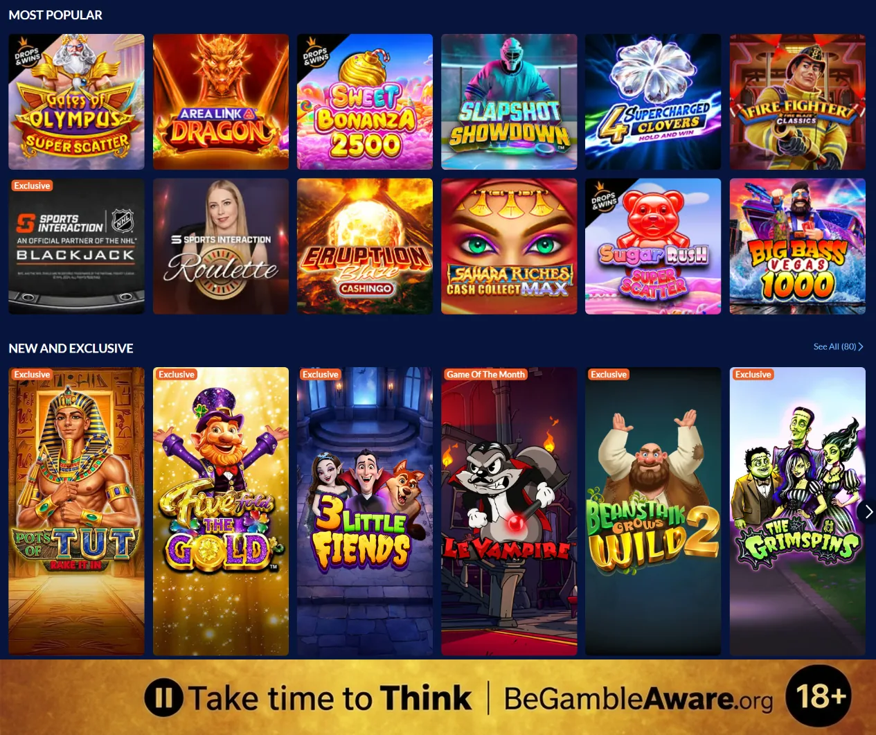 Sports Interaction's casino lobby with its most popular games, such as Gates of Olympus Super Scatter, Sweet Bonanza 2500 and Sports Interaction Blackjack, and new exclusive slots, and a responsible gambling strip at the bottom: Take time to Think, BeGambleAware.org