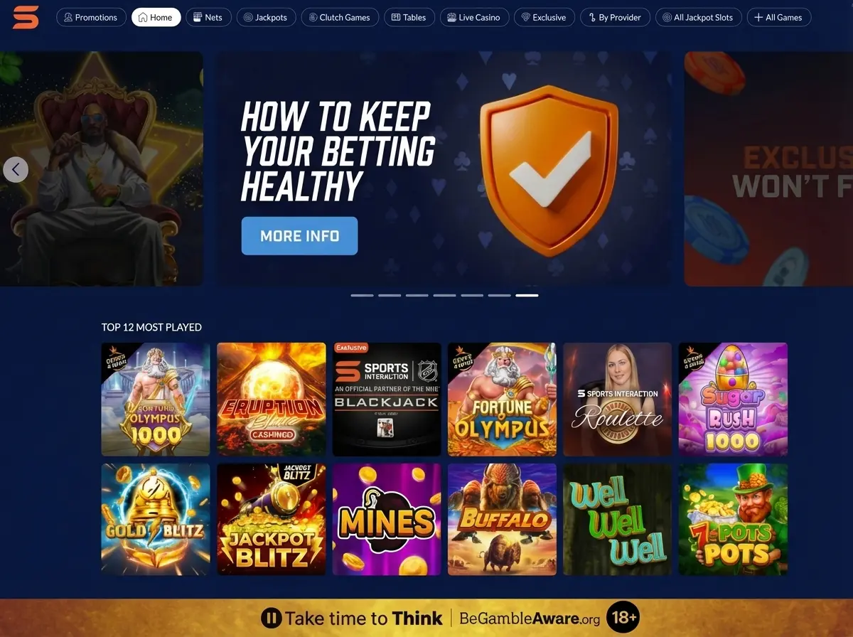 Sports Interaction Casino interface with responsible gaming tools
