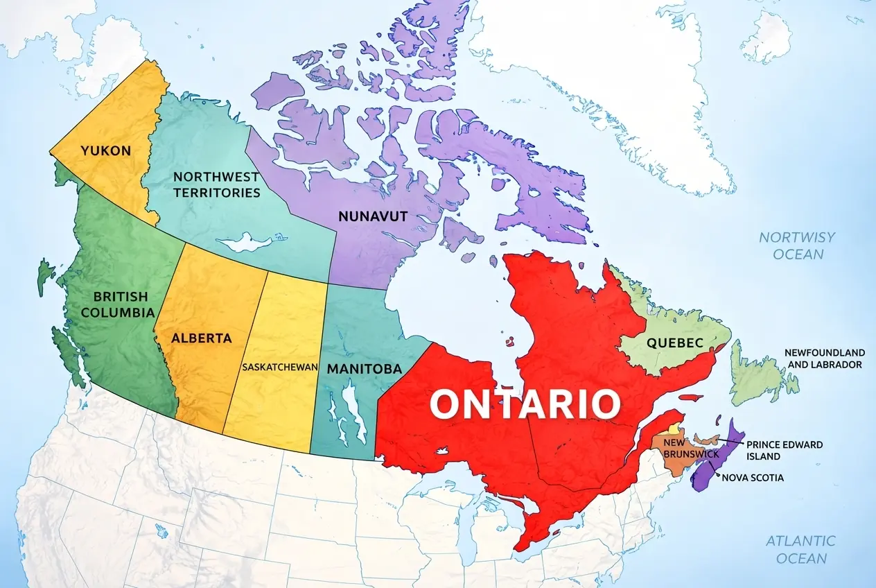 Map of Canada highlighting Ontario's location among Canadian provinces